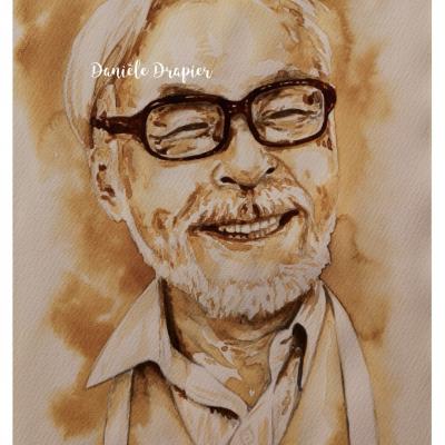 Hayao Miyazaki, peint avec du café, 24x32cm 
