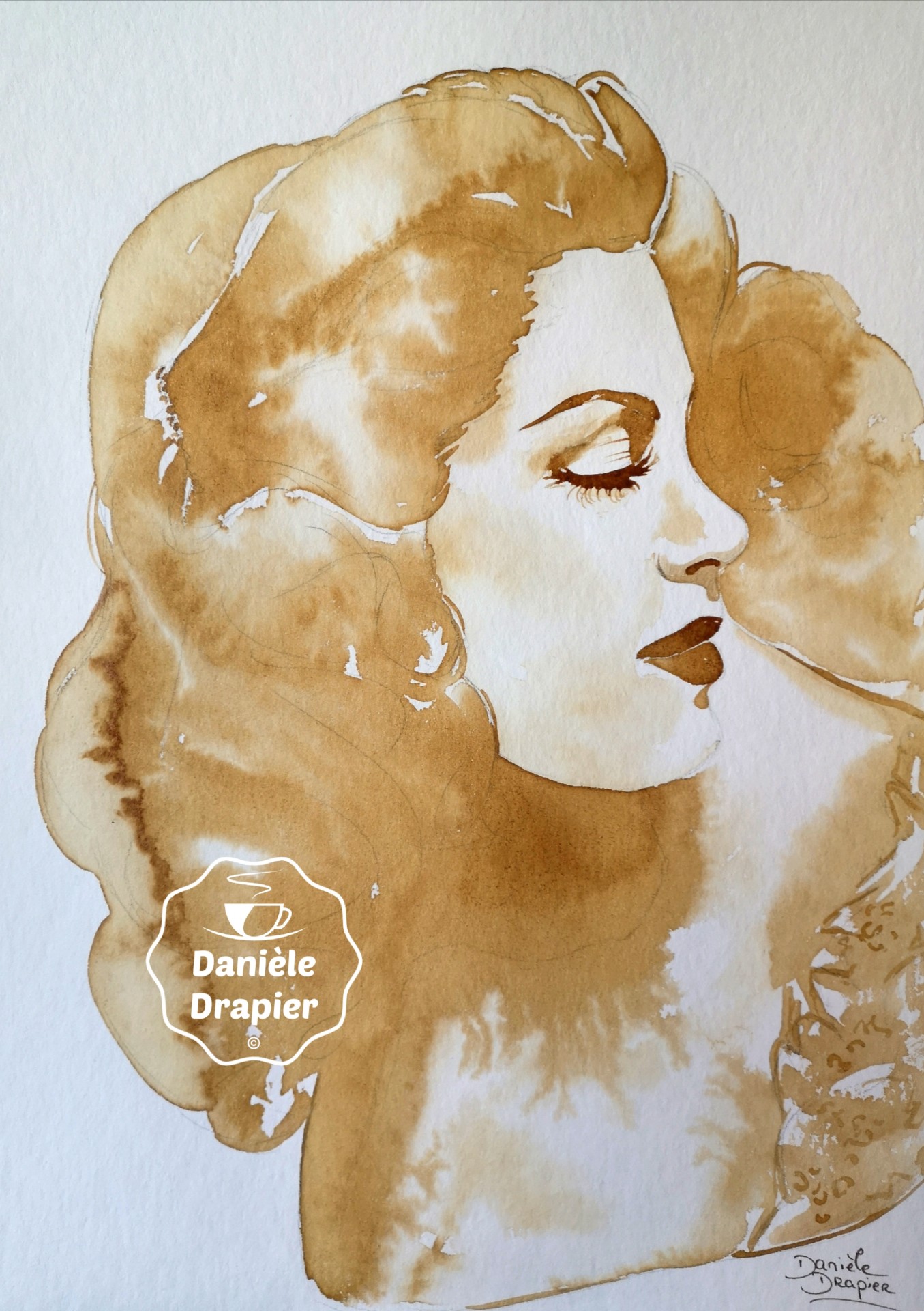 Portrait de femme peint avec du café 24x32cm 